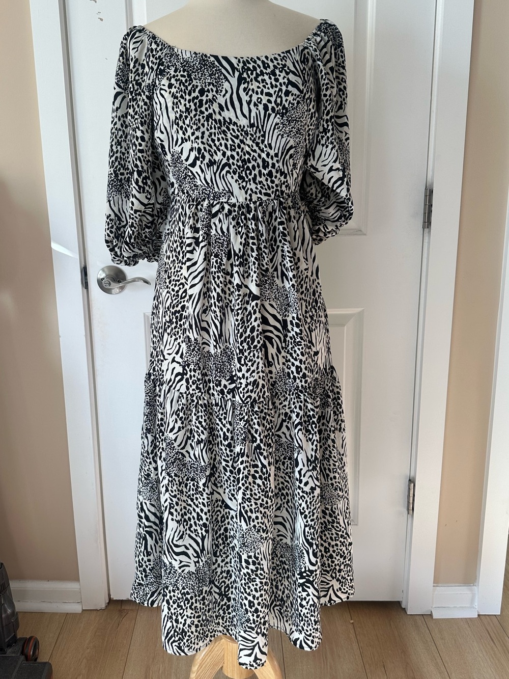 Black & White Animal Print Midi Dress